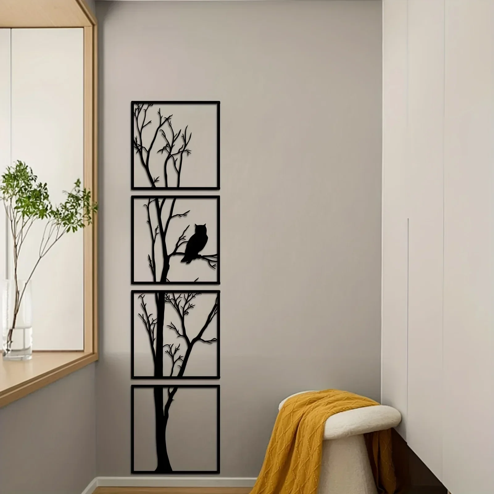 Arte de pared de rama de árbol de búho, decoración de pared de Metal negro, dormitorio, sala de estar, estudio, regalo de decoración de pared de oficina, 4 piezas por juego