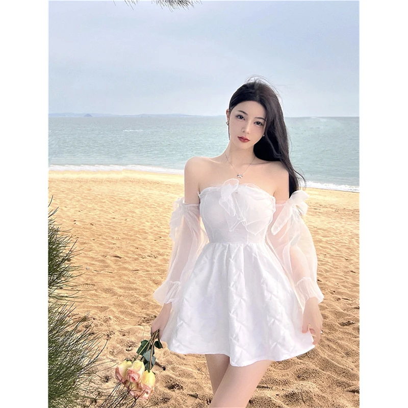 

White Bubble Sleeve Dress Summer New Niche Design Pure Princess Skirt Girl Elegantes Party Prom Sexy Vintage Evening Women Y2k