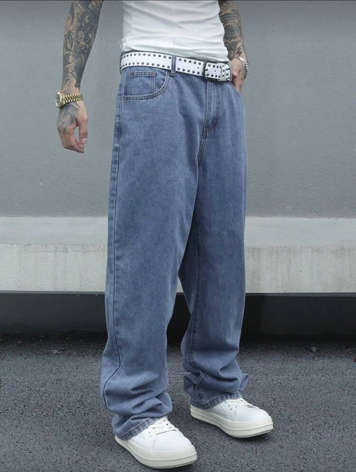 Vintage losvallende gewassen blauwe jeans voor heren, denimbroek met wijde pijpen en rechte pijpen, casual retrostijl, lichtblauw, comfort voor het hele seizoen