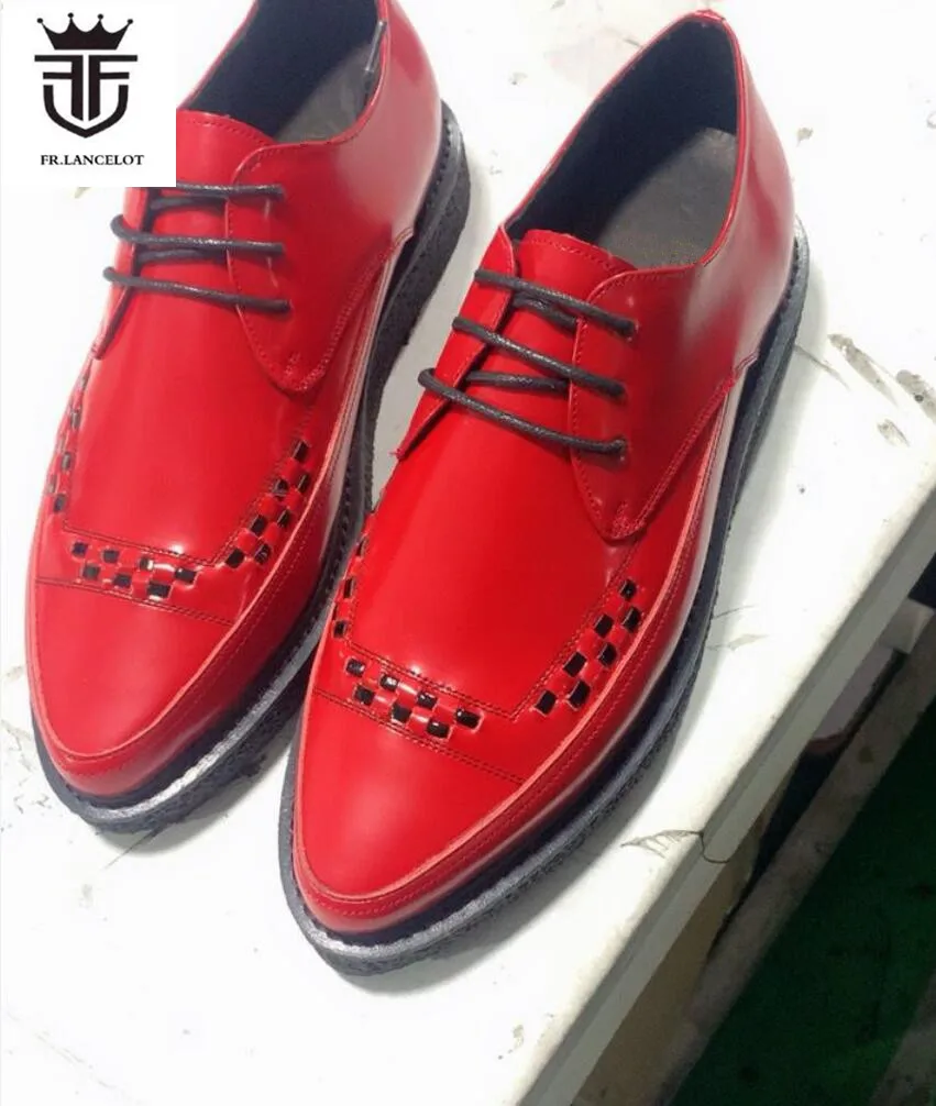 New men red patent leather loafers dress Shoes pointed Toe Men Business shoes thick heel Man wedding party shoes lace up