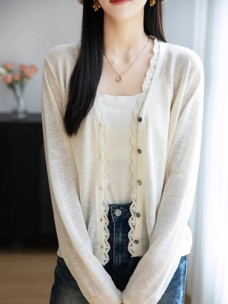 Sweet Sle Cardigan da donna con protezione solare in rayon di bambù V-Ne lavorato a maglia leggera Cappotto lungo a tubo dritto con vestibilità primaverile