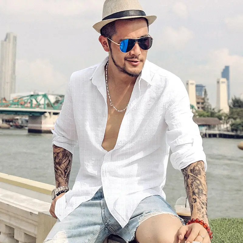 

Модная рубашка в корейском стиле, мужская рубашка с длинными рукавами, весенне-осенняя свободная тонкая белая рубашка большого размера для среднего и молодого возраста