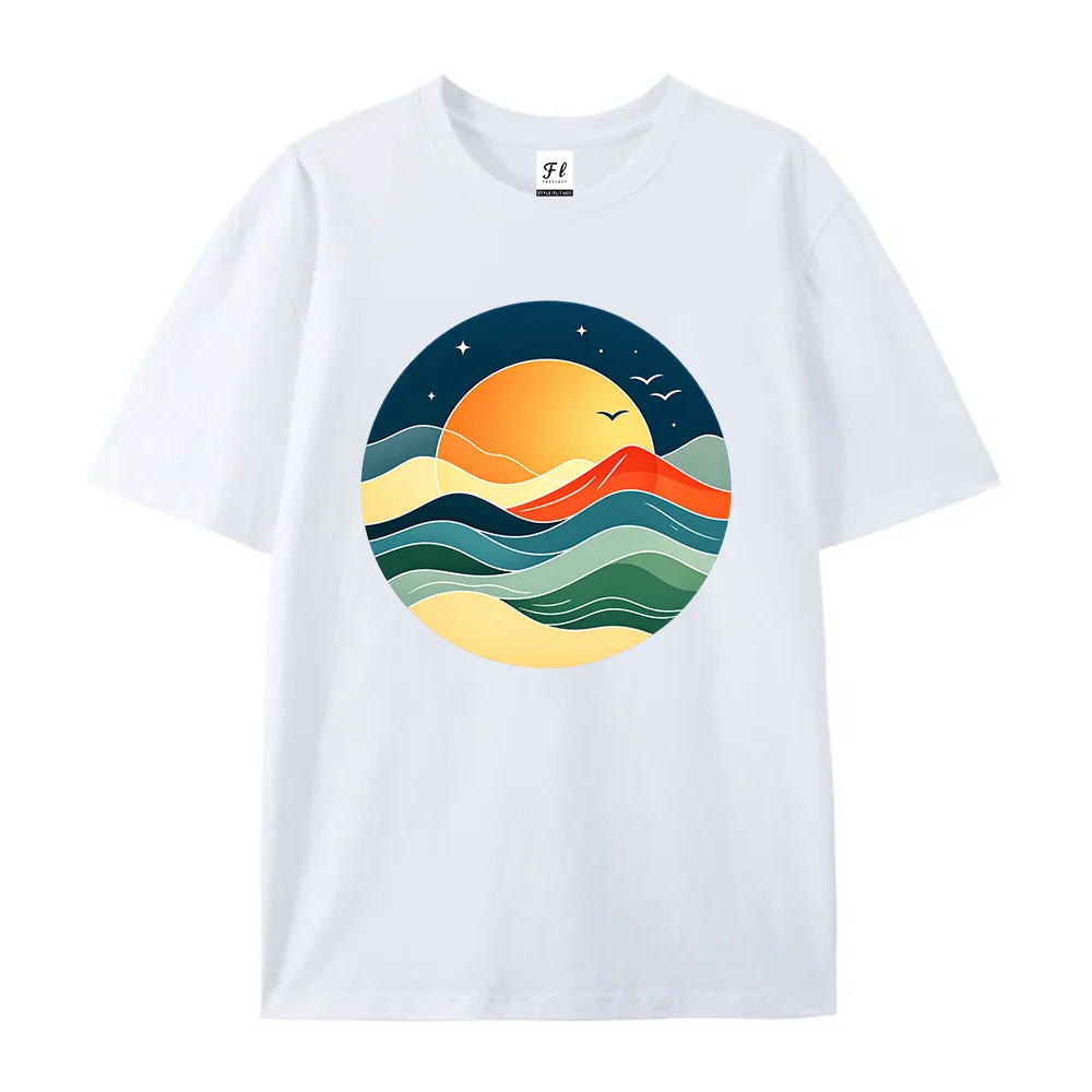 Women Minimalist Ocean Wave Graphic T Shirt Abstract Sunset Sea Landscape Print Casual Summer Short Sleeve Top