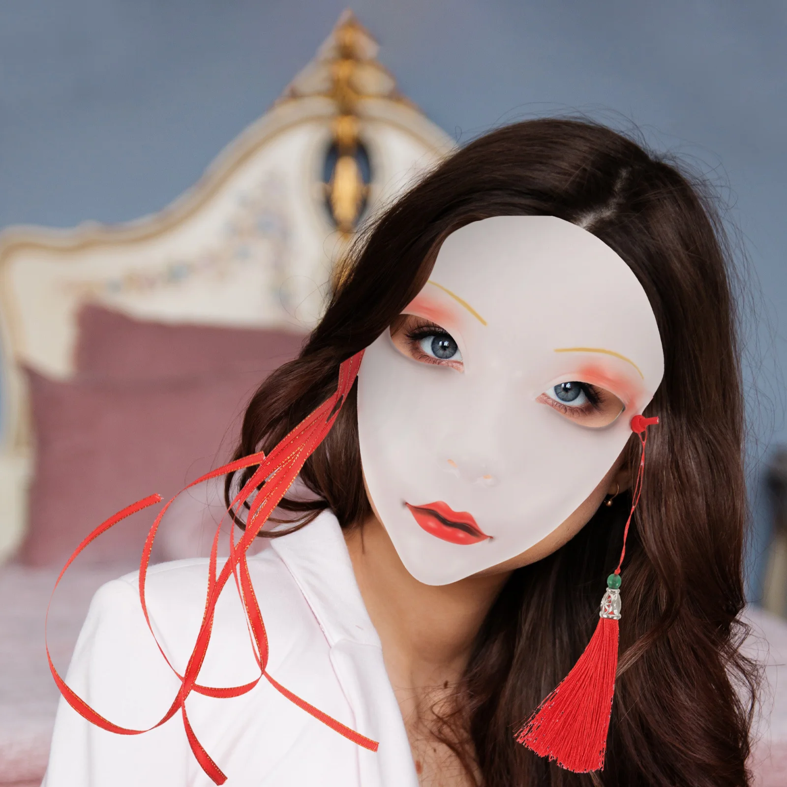 

Chinese Culture Masquerade Mask Hand-Painted Festival Cosplay Party Decor Halloween Plastic Tassel Prop For Adults Women