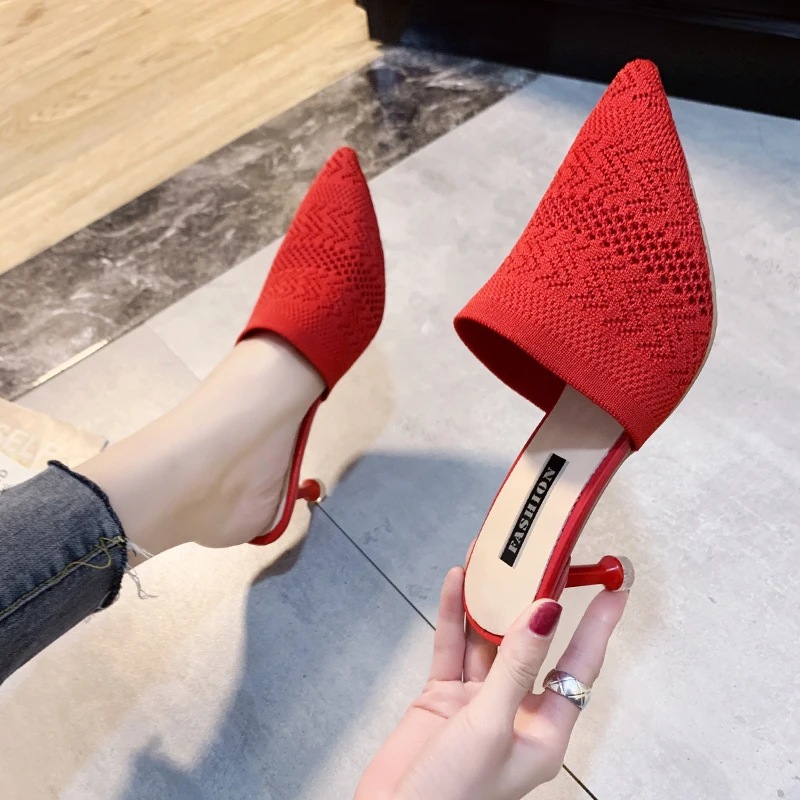 الصيف النساء النعال أصفر أسود محبوك الشرائح البغال أنيقة شبكة تنفس ميد كعب النعال مغلقة تو الشرائح أحذية الحفلات