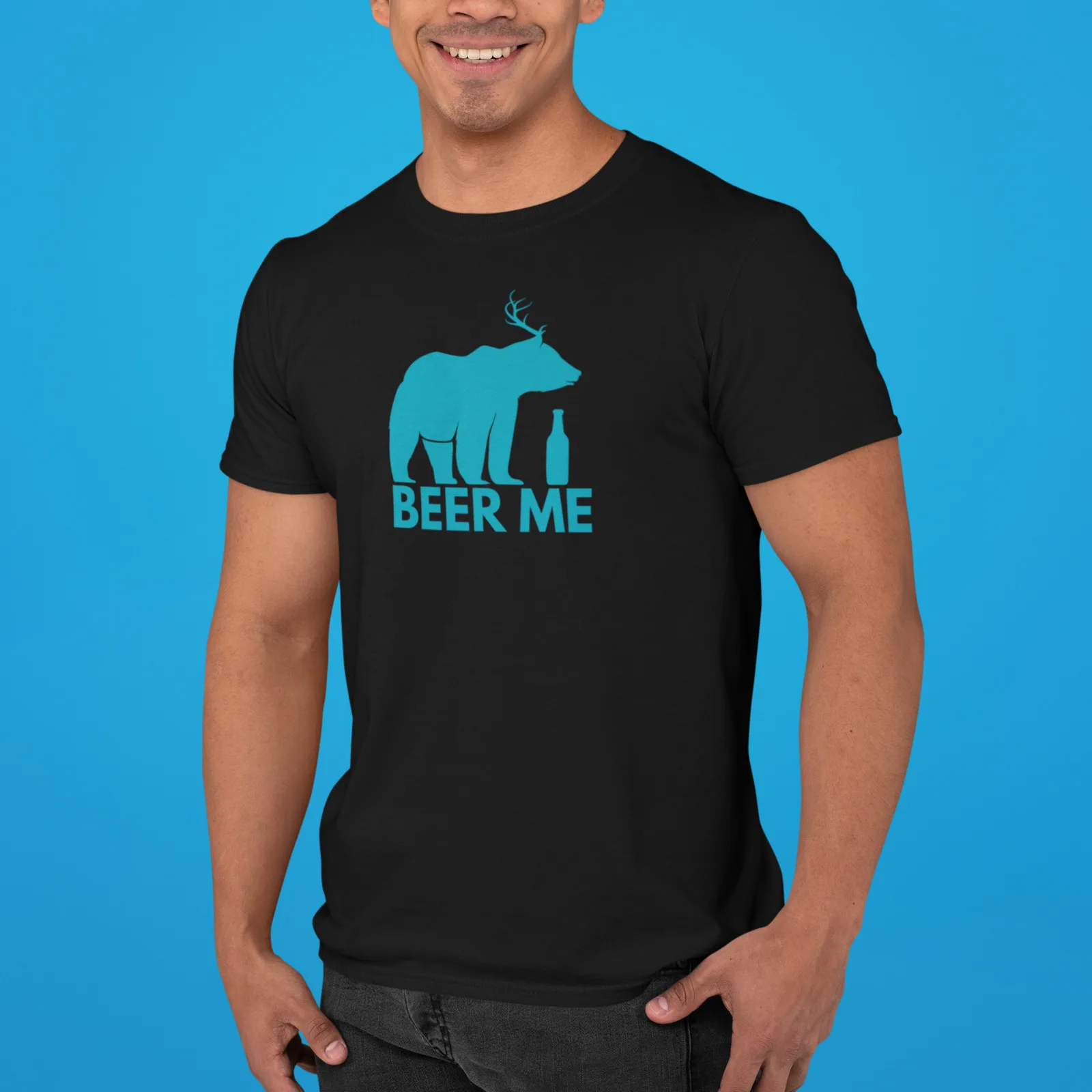 Beer Me Shirt, Bear with Deer Antlers and Bottle, Beer Lover Gift