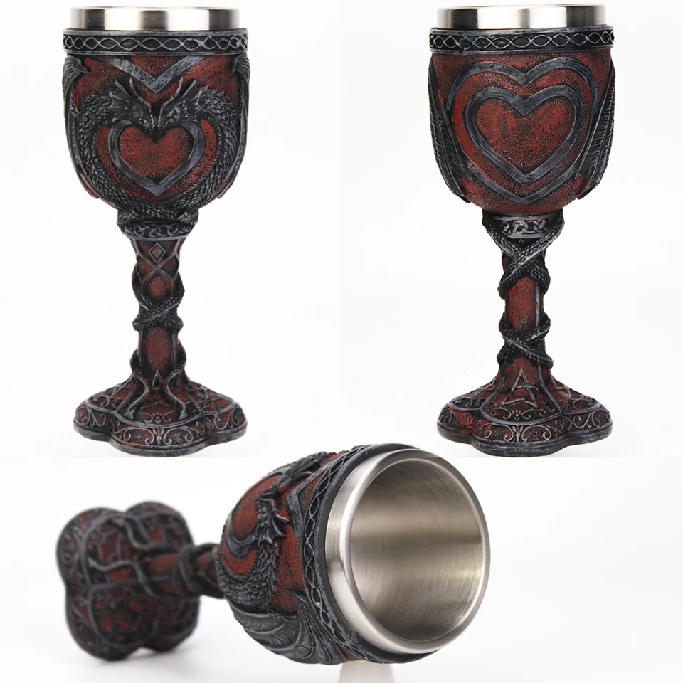 Medieval Double Dragon Wine Goblet - 7oz Stainless Steel Chalice For D&D, Fantasy Themes