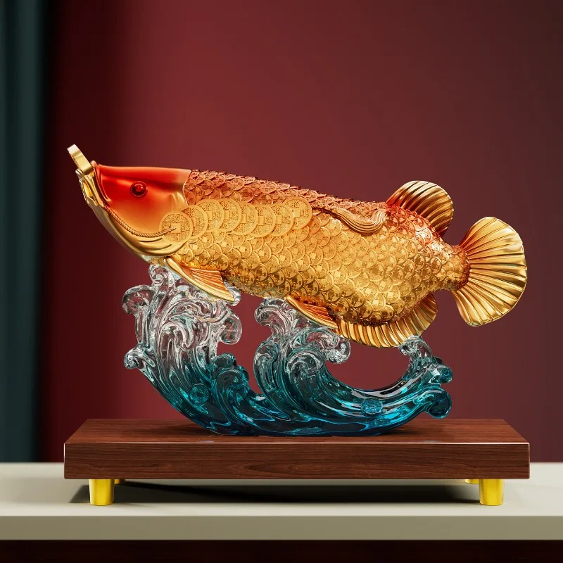 Golden Arowana Figurine Tabletop Ornament Entryway Craft Decor Lucky Gift for Opening Ceremony Anniversary Housewarming Present