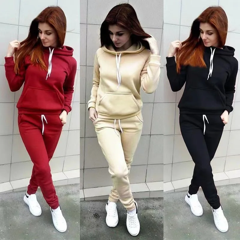 

Autumn and Winter Fleece Hooded Sweatshirt Women's Clothing European and American Fashion Fleece Long Sleeved Sports Suit