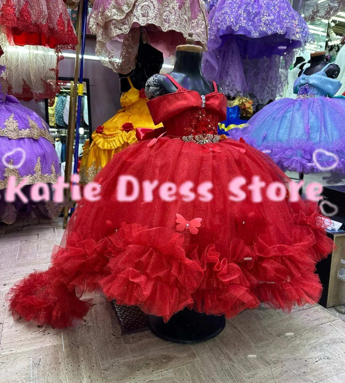 

3D Butterfly Flower Girl Dress For Wedding Red Tulle Puffu Applique Kids Birthday Party First Communion Ball Gowns Customized