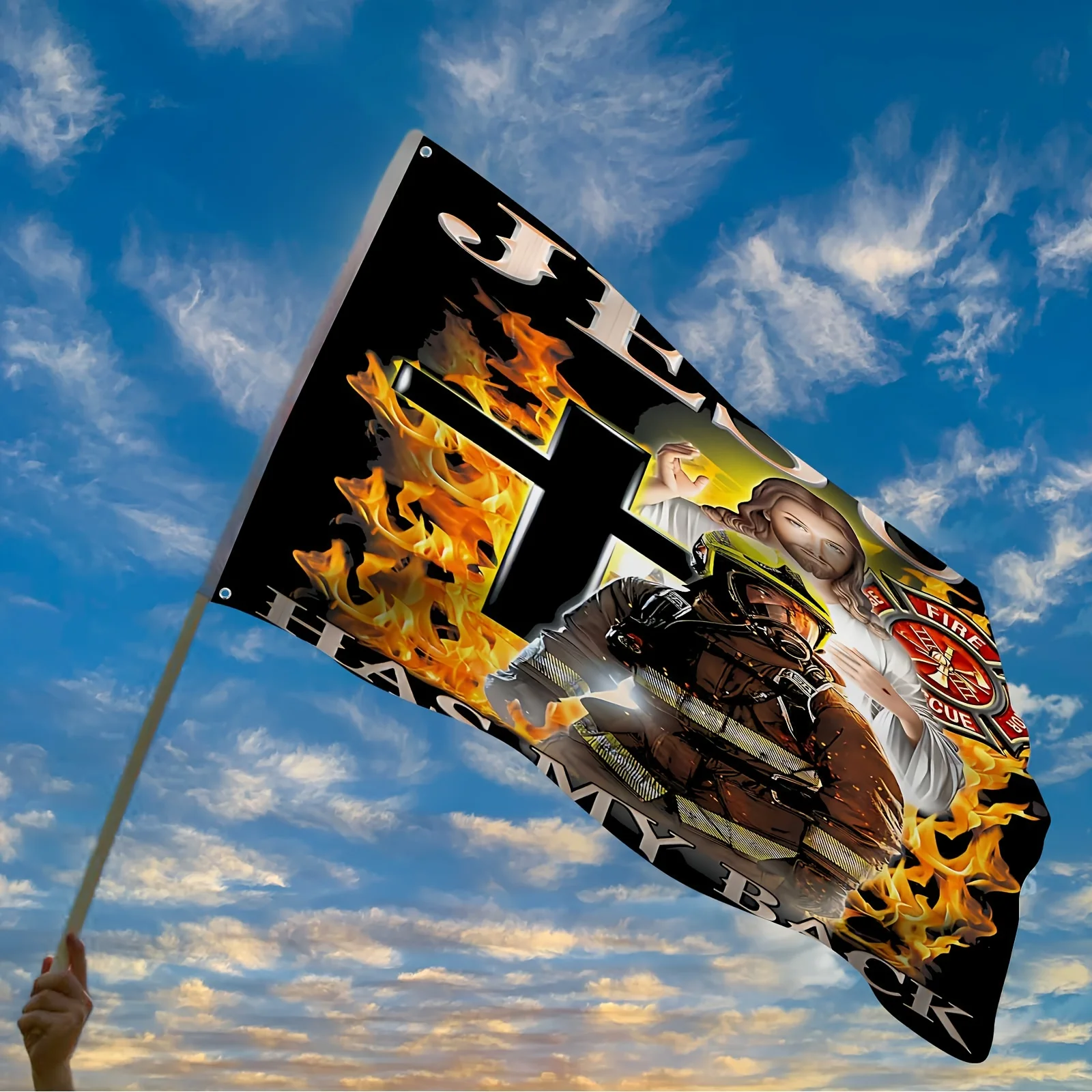 Jesus Has My Back Firefighter Christian Flag Durable Polyester Indoor Outdoor Decor Banner