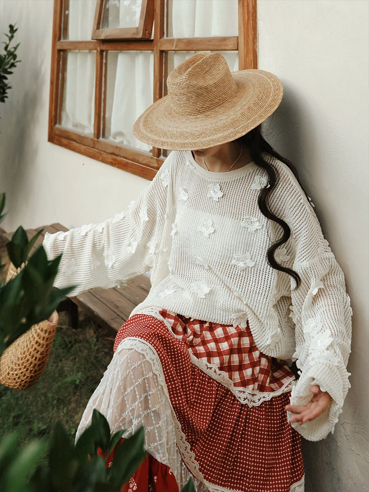 

TIYIHAILEY Spring Autumn Women Crochet Tops Long Sleeve White Ladies Clothing Knitting 2025 O-Neck White Top Loose Hollow Out