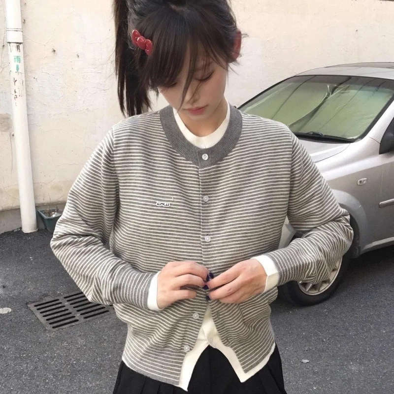 

Полосатый вязаный кардиган в корейском стиле, женский осенне-зимний свитер с круглым вырезом и длинными рукавами, повседневный топ в стиле ретро