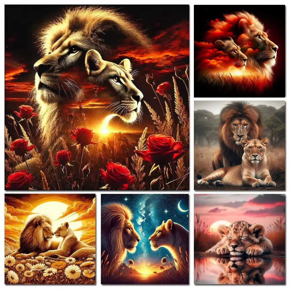 المراعي الأسد الماس الفسيفساء زهرة الغروب كامل مربع الحفر المستديرة الماس اللوحة الحيوان غرفة نوم الديكور هدية فريدة من نوعها #1
