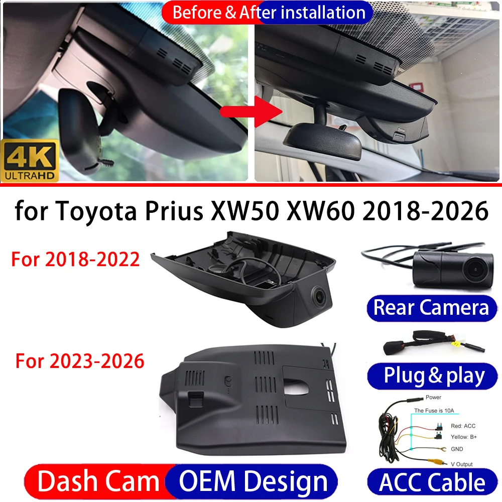 Dash Cam for Toyota Prius XW50 XW60 2018-2026 Front＆Rear 4K DVR Dashboard Camera Video Drive Recorder Night Vision Parking Mode