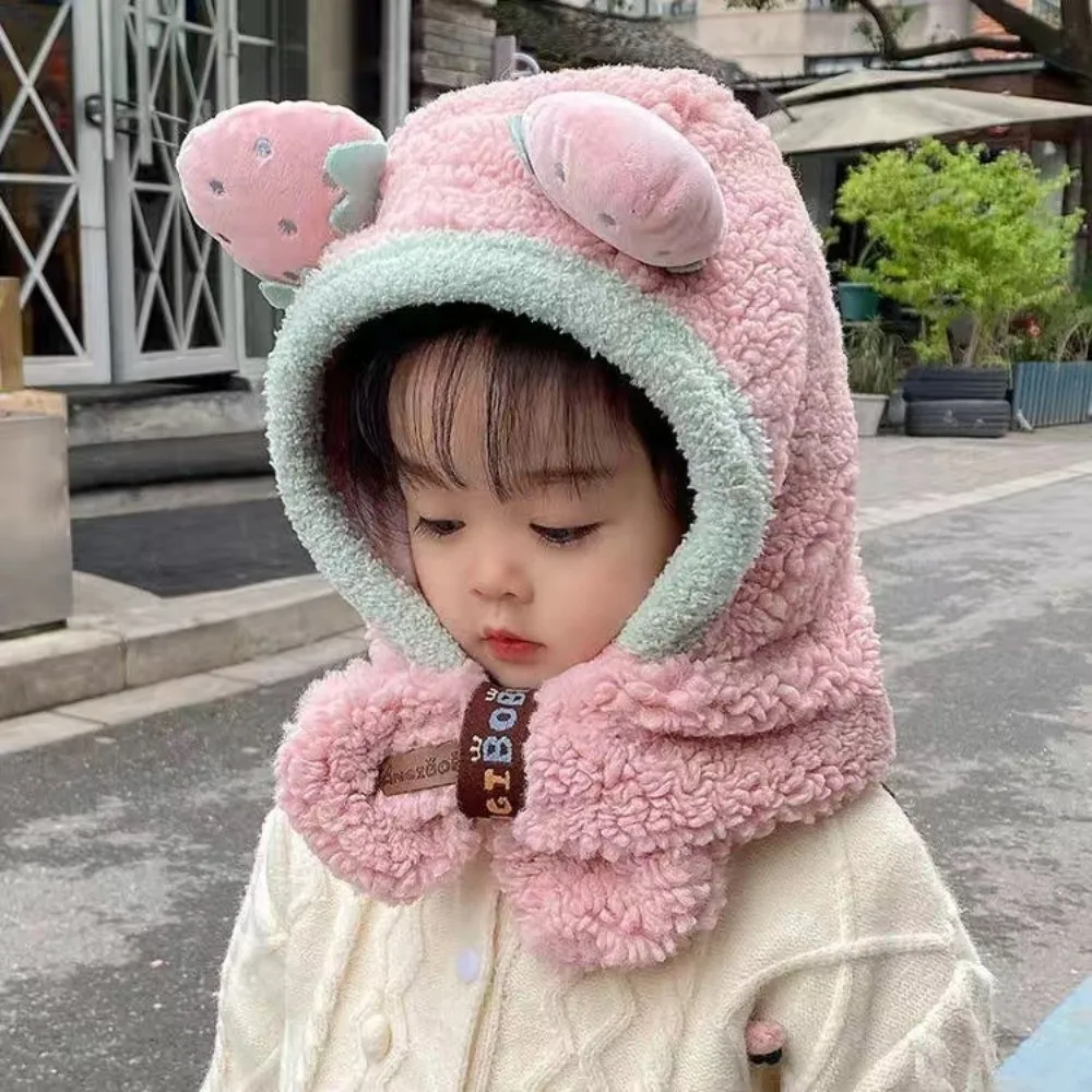 

Fashion One-Piece Winter Baby Hat Scarf Windproof Thick Warm Kids Hat Hooded Scarf Neck Protection Plush Children Beanies Cap