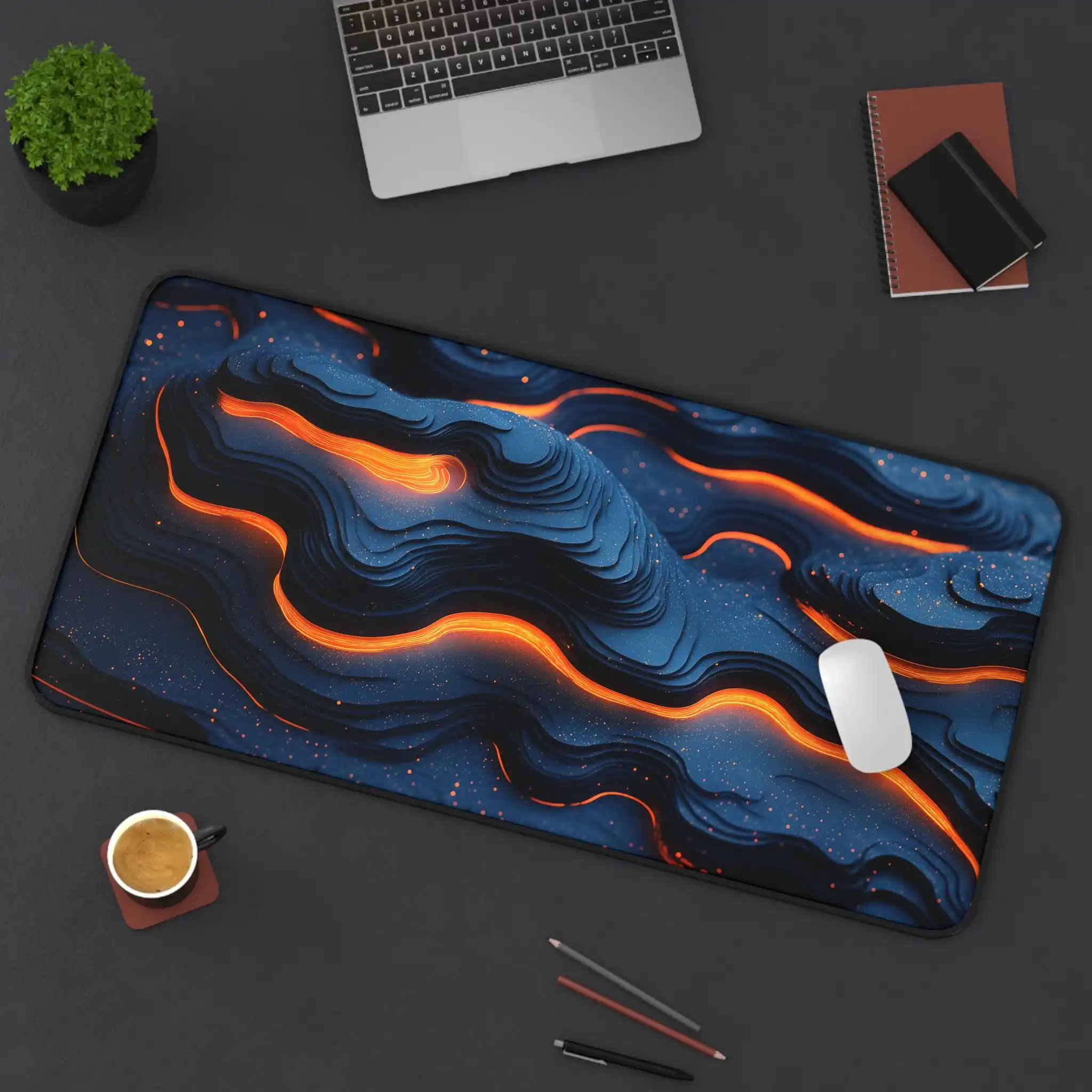 3D Abstract Wave Office Mat Orange Blue Topographic Gaming Mouse Pad Large Modern Style Desk Pad Layers Digital Art XXL