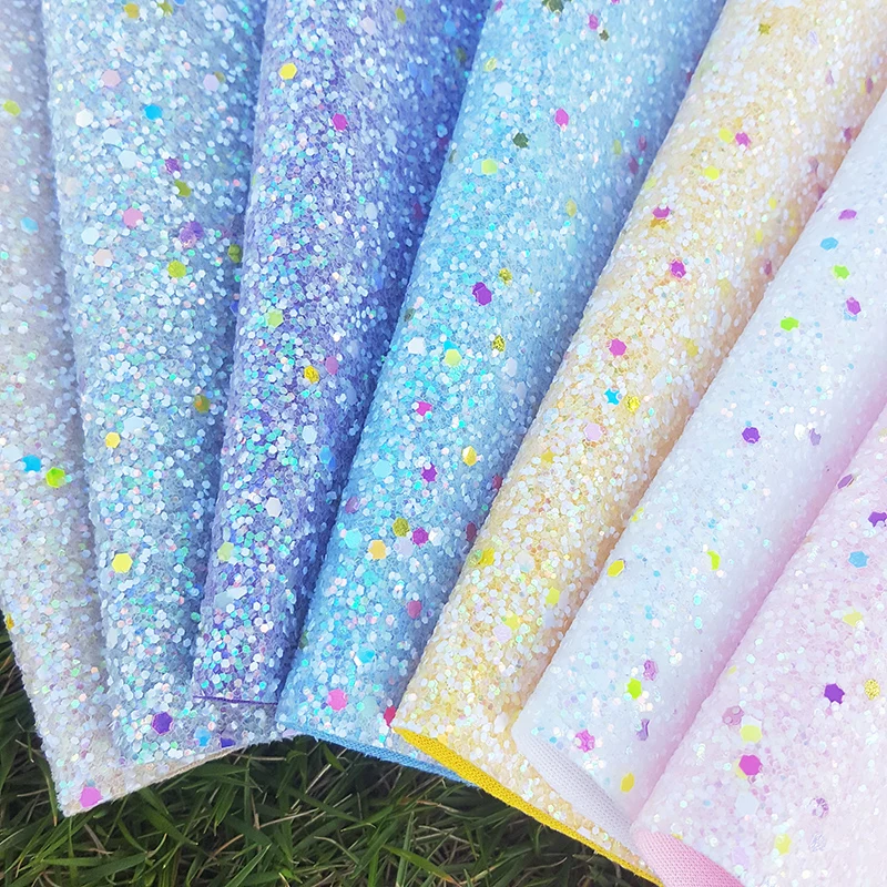 QIBU 22*30cm Luminous Chunky Glitter Fabric White Purple Faux Leather Sheets DIY Hairbow Accessories Handmade Crafts Decoration