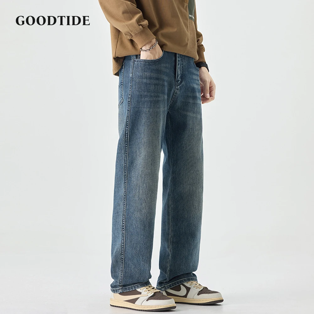 

Fashionable Men's Washed Straight Jeans 2025 Autumn New Old Vintage Embroidered Striped Pattern Casual Denim Trousers Size 28-40