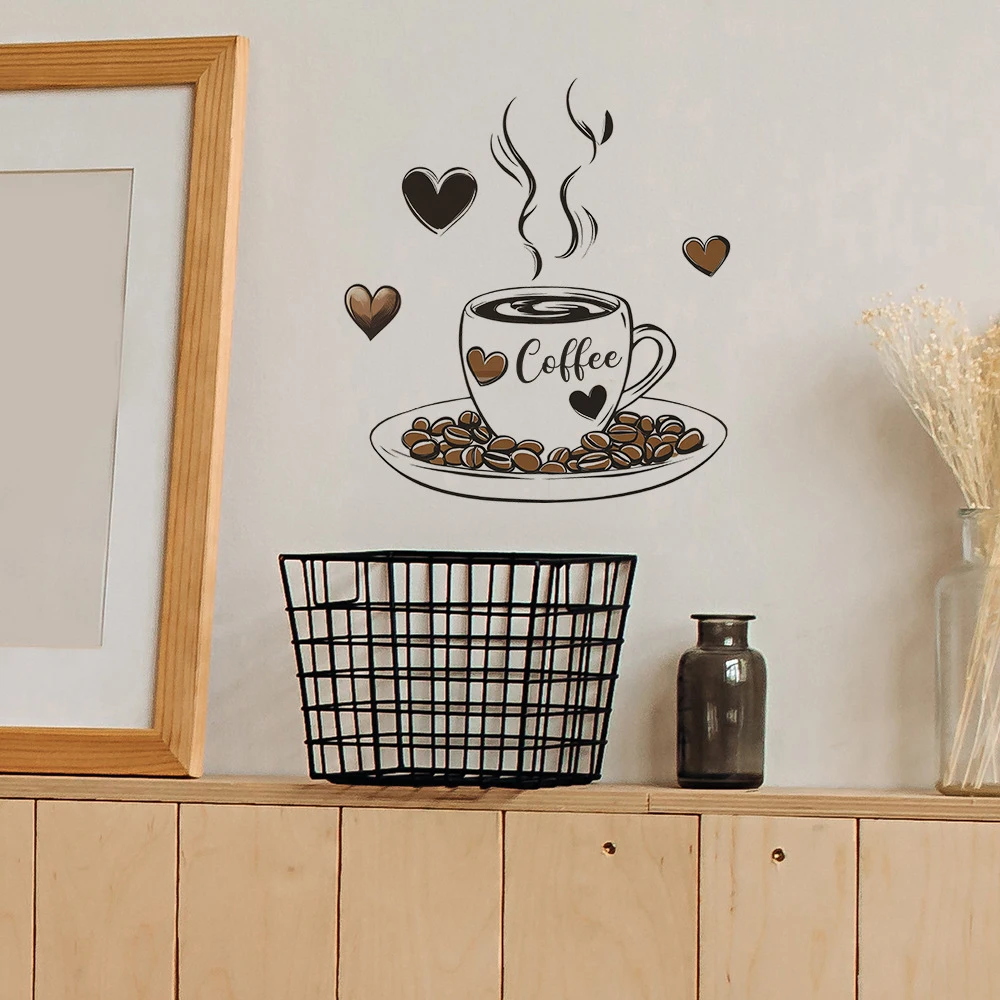 `Coffee Cup Coffee Beans Heart Wall Sticker Warm Coffee Letter Vinyl Decal For Kitchen Cafe Dining Room Home Art Mural Decor`