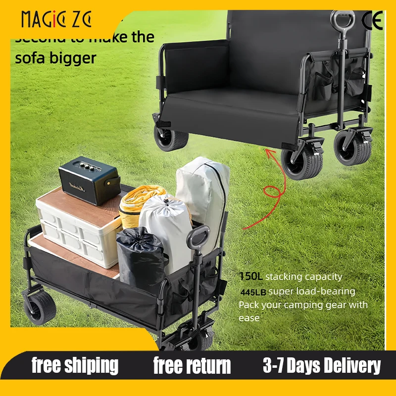 

Outdoor Folding Wagon Bench with Backrest 2-Seat Pull Cart with Armrest and Storage Pockets for Camping Picnic Park Travel