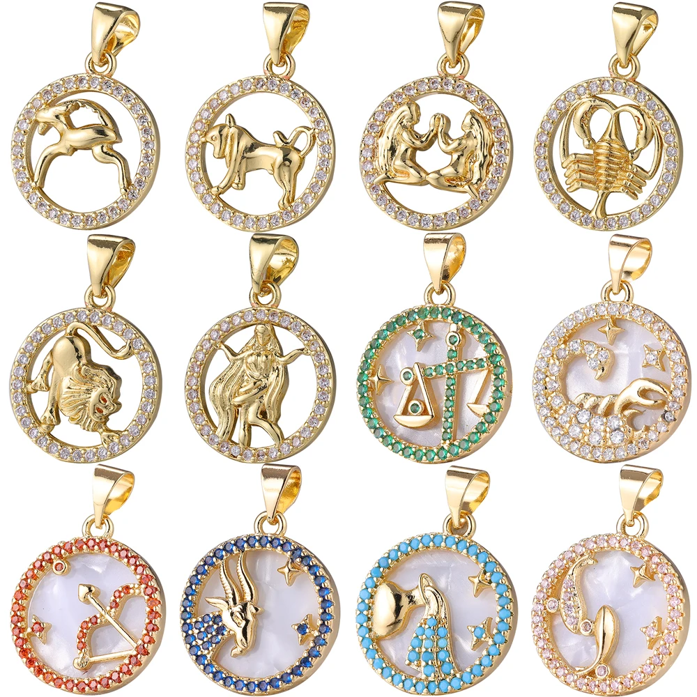 Juya 12Pcs/Lot Wholesale 18K Real Gold Plated Zirconia Birthstone Pearl Shell Zodiac Charms For DIY Pendant Jewelry Making