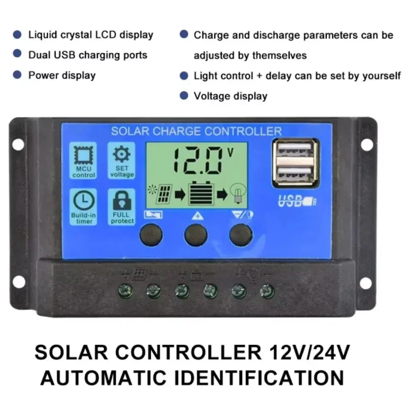 Solar Charge Controller PV Regulator Load Discharger 12V 24V 30A 10A Auto LCD Dual USB 5V Output