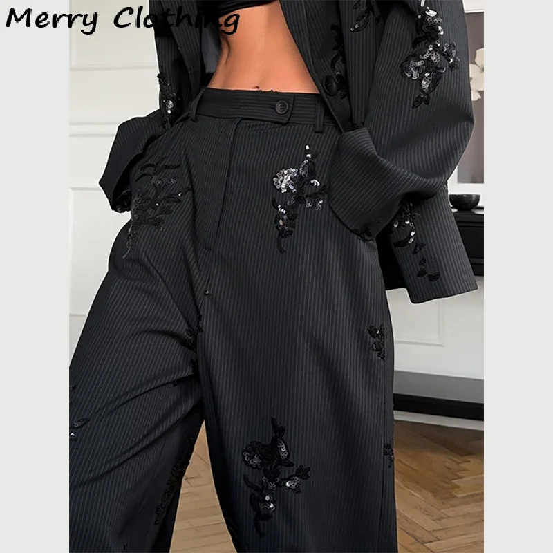 Black Sequin Embroidery Blazer 2-Piece Sets Women Chic Full Sleeve Lapel V-neck Loose Coats Wide Leg Pants Set Lady Spring Suits