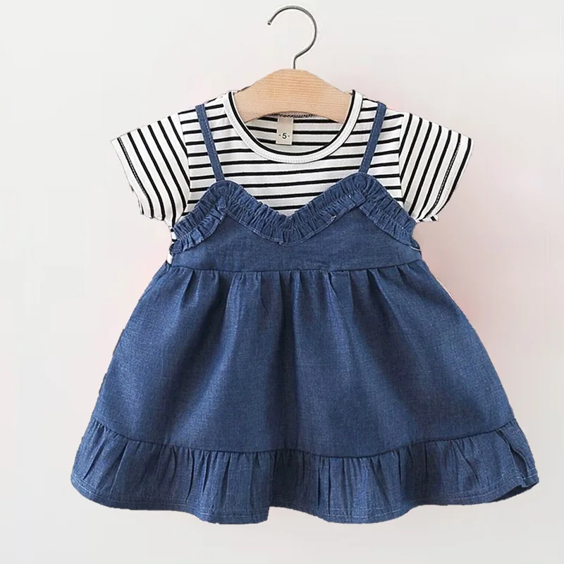 0-3-year-old summer patchwork girl short sleeved T-shirt with suspender dress set, solid color striped girl princess skirt