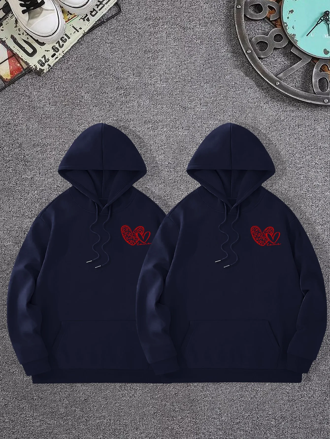 Matching Couple Fleece‑Lined Hooded Pullover Sweatshirt, Couple Pattern Print, Drawstring With Kangaroo Pocket Casual Warm Tops