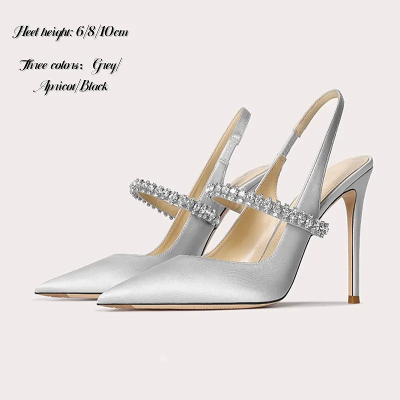 

Thin Heel Pointed Sheepskin Leather Satin High Heels Women's Wedding Shoes Diamond Bao Head Sandals Plus Size 32-45