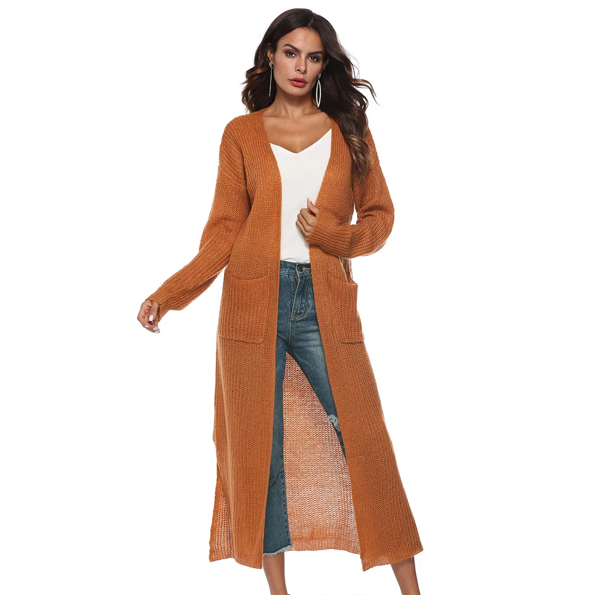 Wool Cardigan from Europe and America Autumn Women's Coat with Large Slit Pockets Thin Coat Long Sleeved A-line Sweater