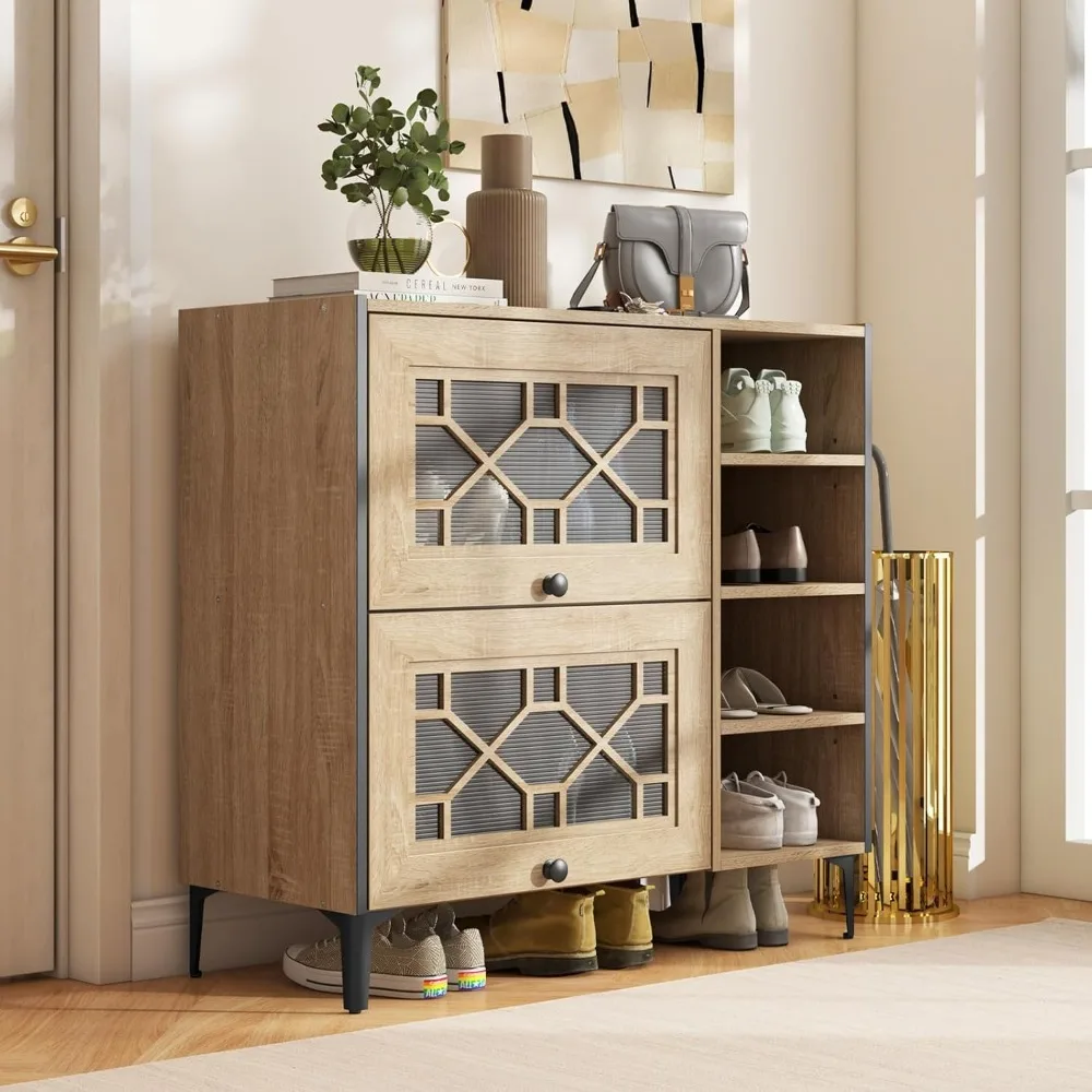 

Shoe Cabinet with Flip and Slide Doors, Adjustable Cube Shelves, Freestanding Wooden Shoe Rack for Entryway