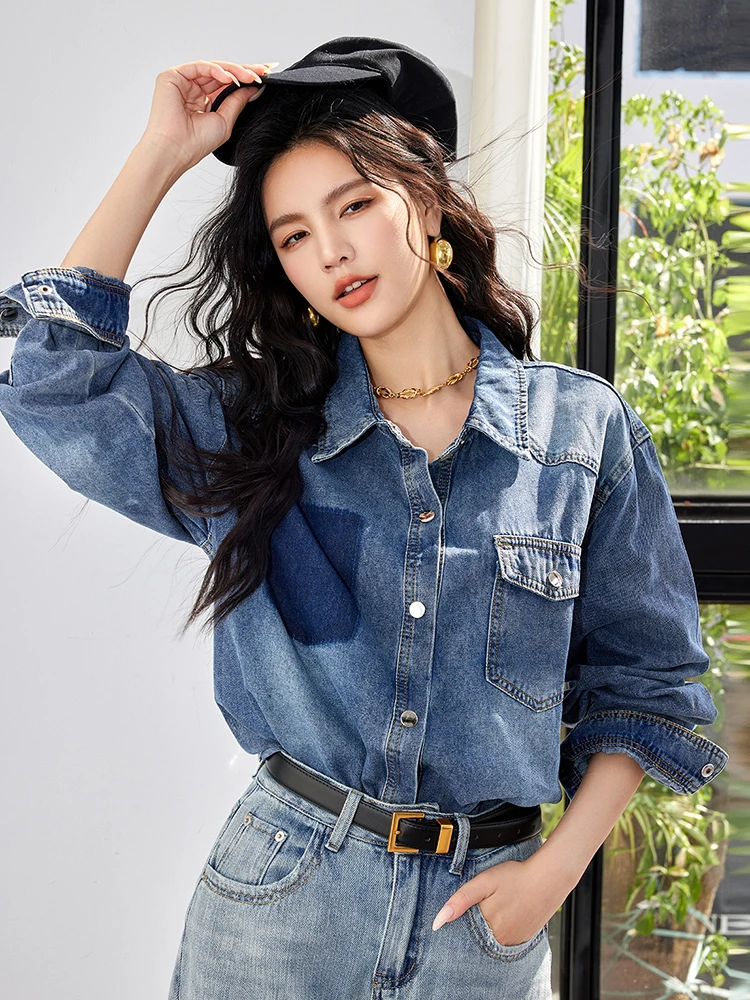 Korean Style Fashion Denim Blouse Women Elegant Lapel Long-Sleeved Shirt Chic Design Jean Shirts Autumn Single-Breasted Tops