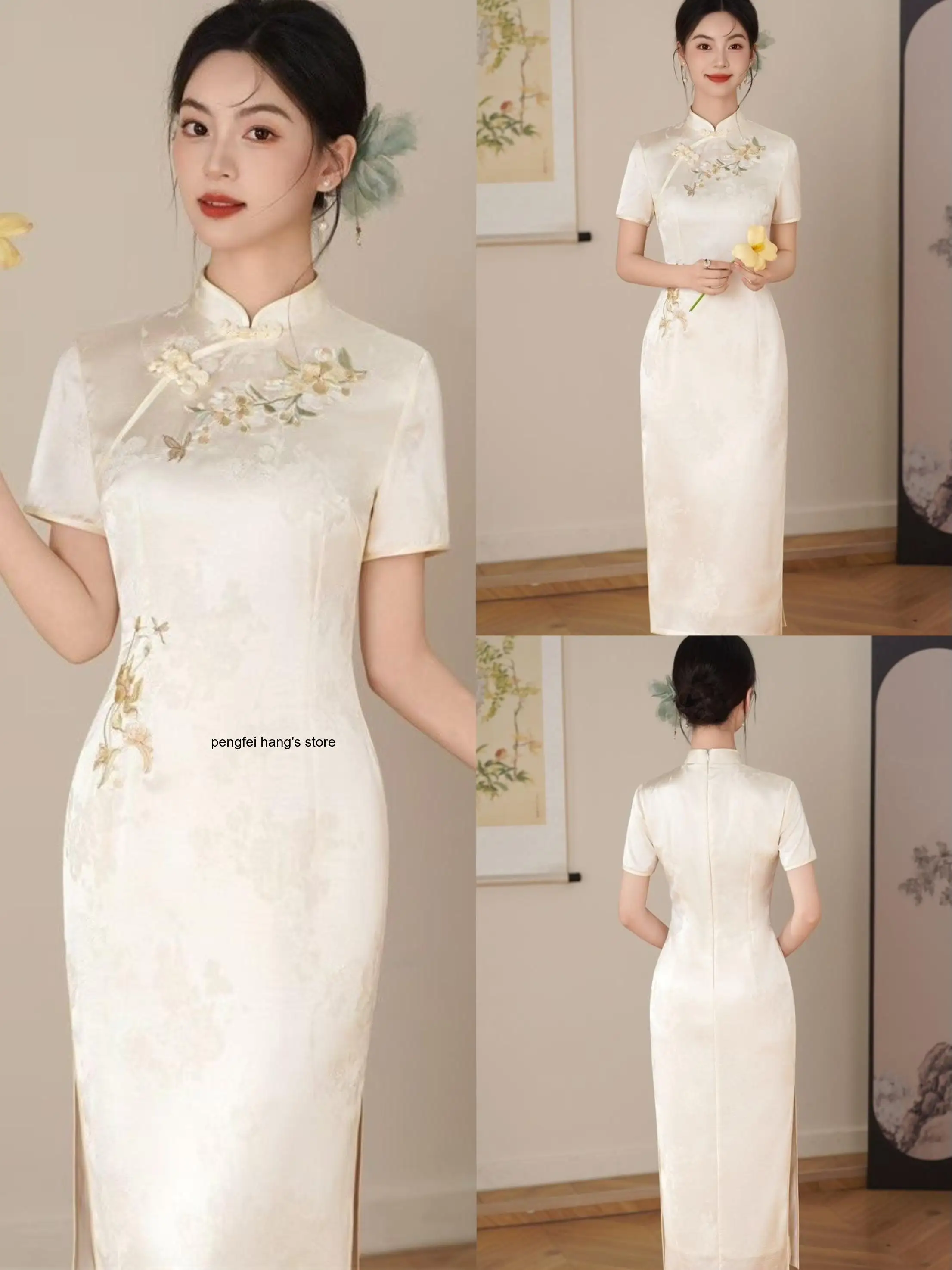 2026 Spring Summer New White Three Quarter Sleeve Qipao Double Layer Embroidery Jacquard Acetate Fabric Low Split Cheongsam