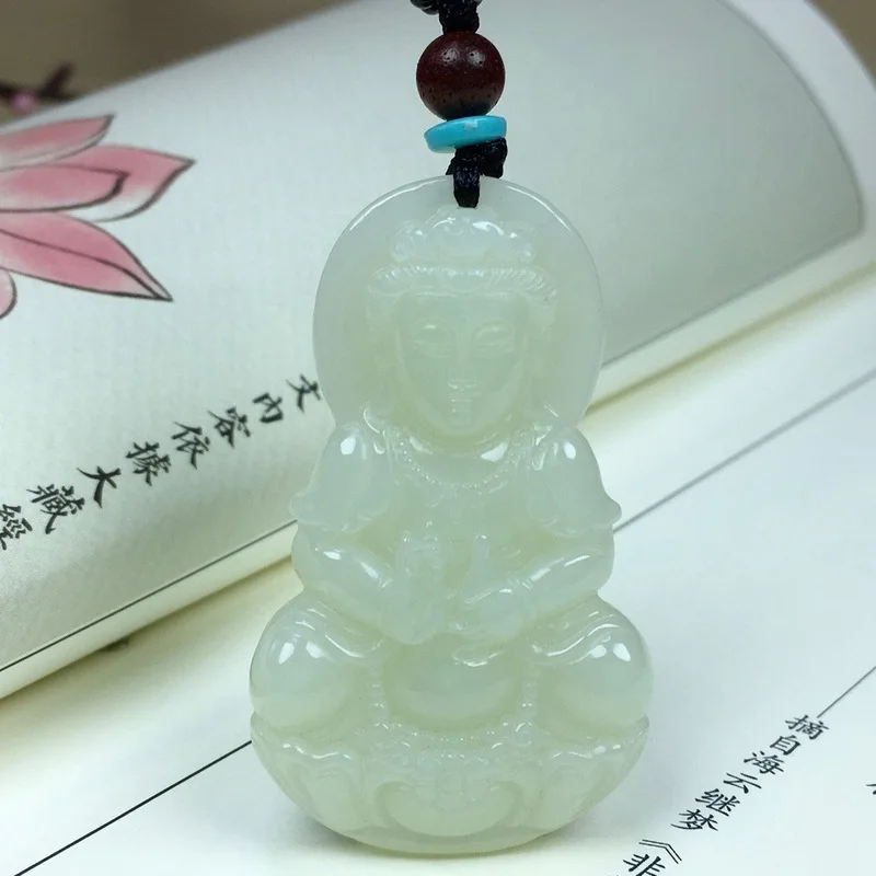 Hetian Amulet Men Women, Green And White Jade Guanyin Pendant, Laughing Buddha Necklace