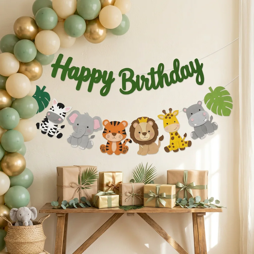 Guirlanda de Feltro com Animais da Selva para Aniversário, Suprimentos para Festa Safari na Floresta, Decorações para Festa de 1º Aniversário, Chá de Bebê Wild One para Crianças