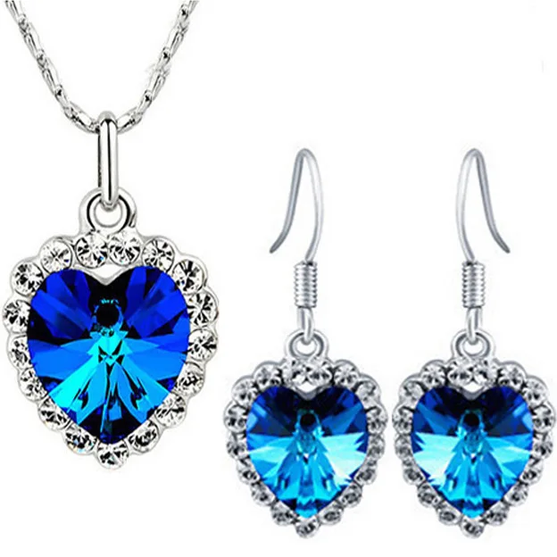 S luxury jewelry wholesale heart of the ocean blue heart crystal rhinestone necklace set new e-commerce explosive silver