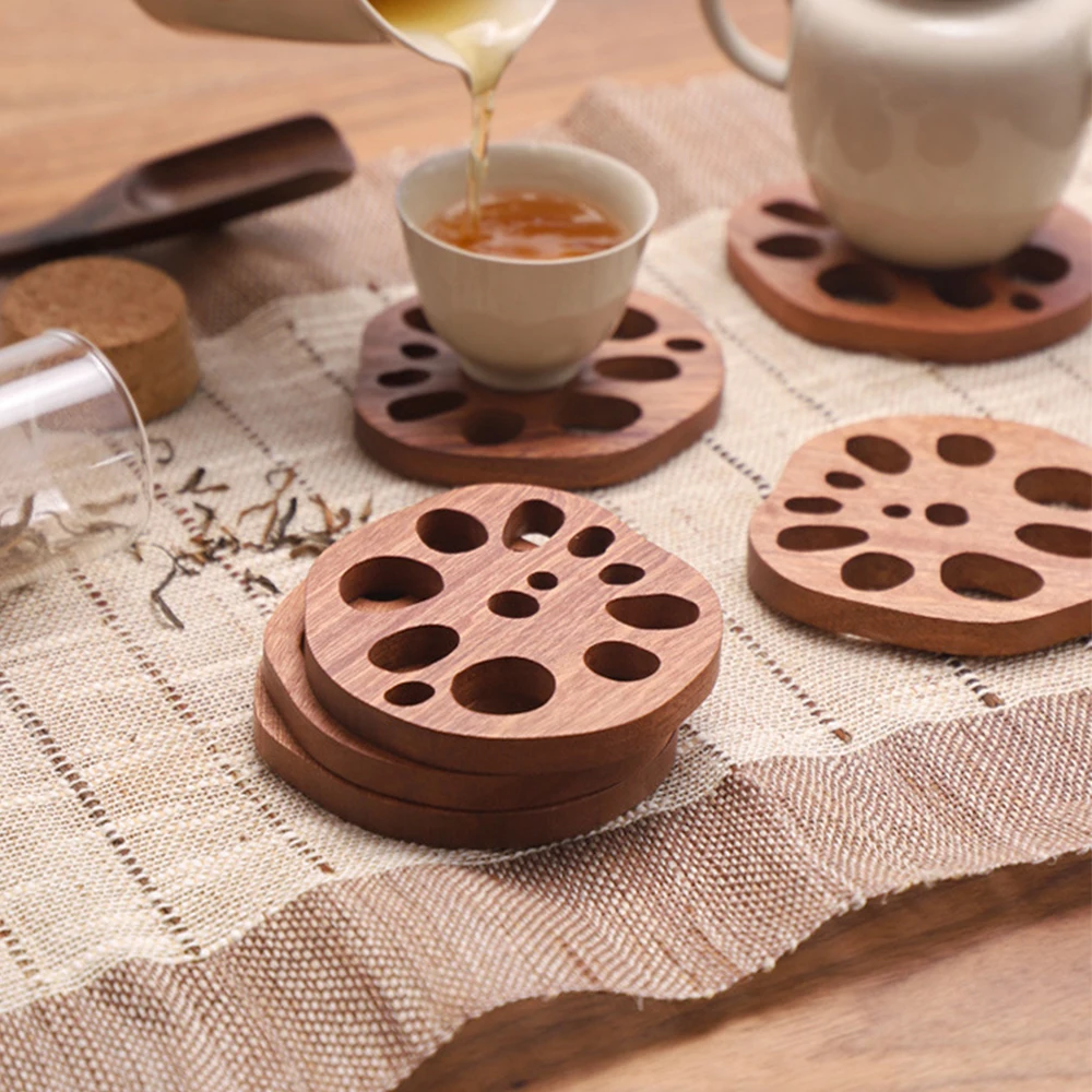 

1PCS Wooden Insulated Coasters Creative Irregular Ebony Lotus Root Slice Coasters Coffee Coasters Home Table Kitchen Decorations