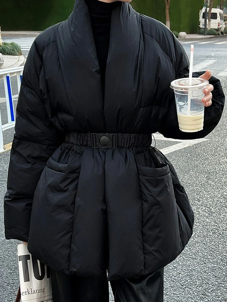 

Women's Waist-cinching Design Black Jacket Autumn Winter Warmth Outerwear Female Long Sleeved Coat Oversize Clothes