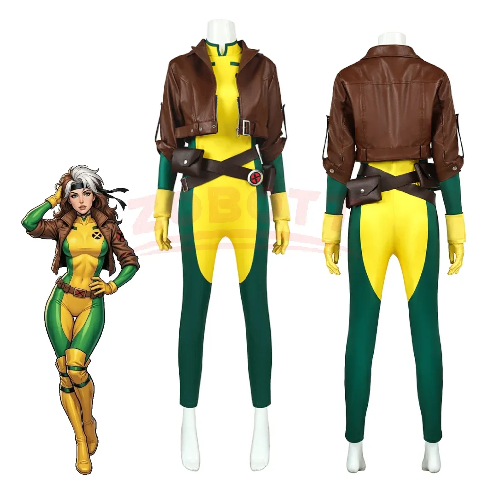 X-Men Rogue Cosplay Costume Adult Women Superhero Bodysuit Yellow Jumpsuit Brown Jacket Halloween Carnival Comic Con Outfit view 2
