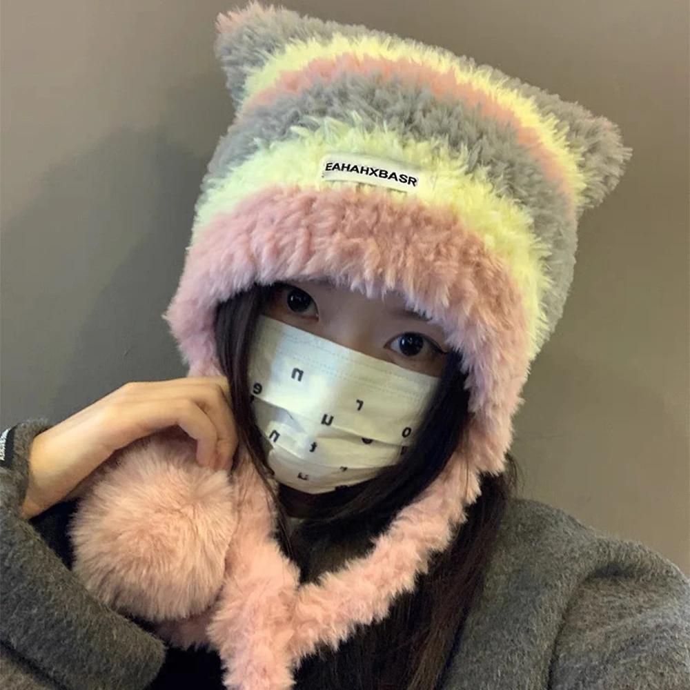 Y2k Cat Ear Knitted Caps Autumn Winter Women Girls Handmade Warm Striped Plush Wool Caps Outdoors Fashion Soft Hats Cute Gifts