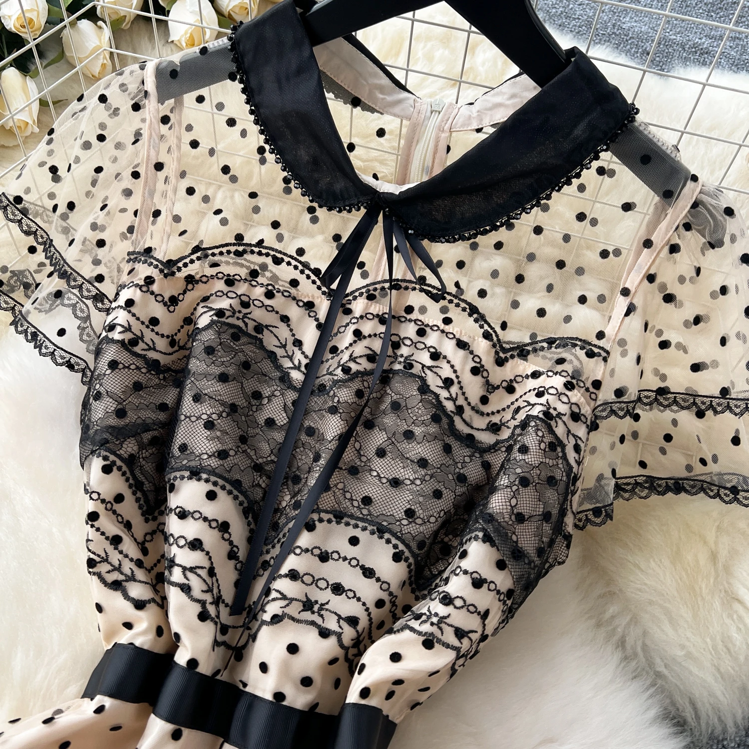 Chic vintage lace PATCHWORK mesh short sleeve dot Dress Fashion korean fashion Slim  women summer dresses