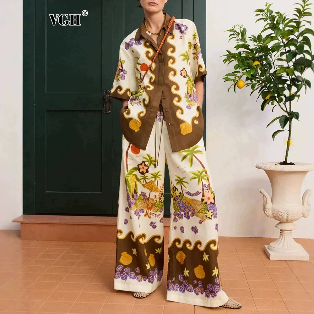 VGH Vacation Print 2 Piece Sets for Women Lapel Collar Short Sleeve Shirt Wide Leg Long Pants Matching Suit for Beach Casual