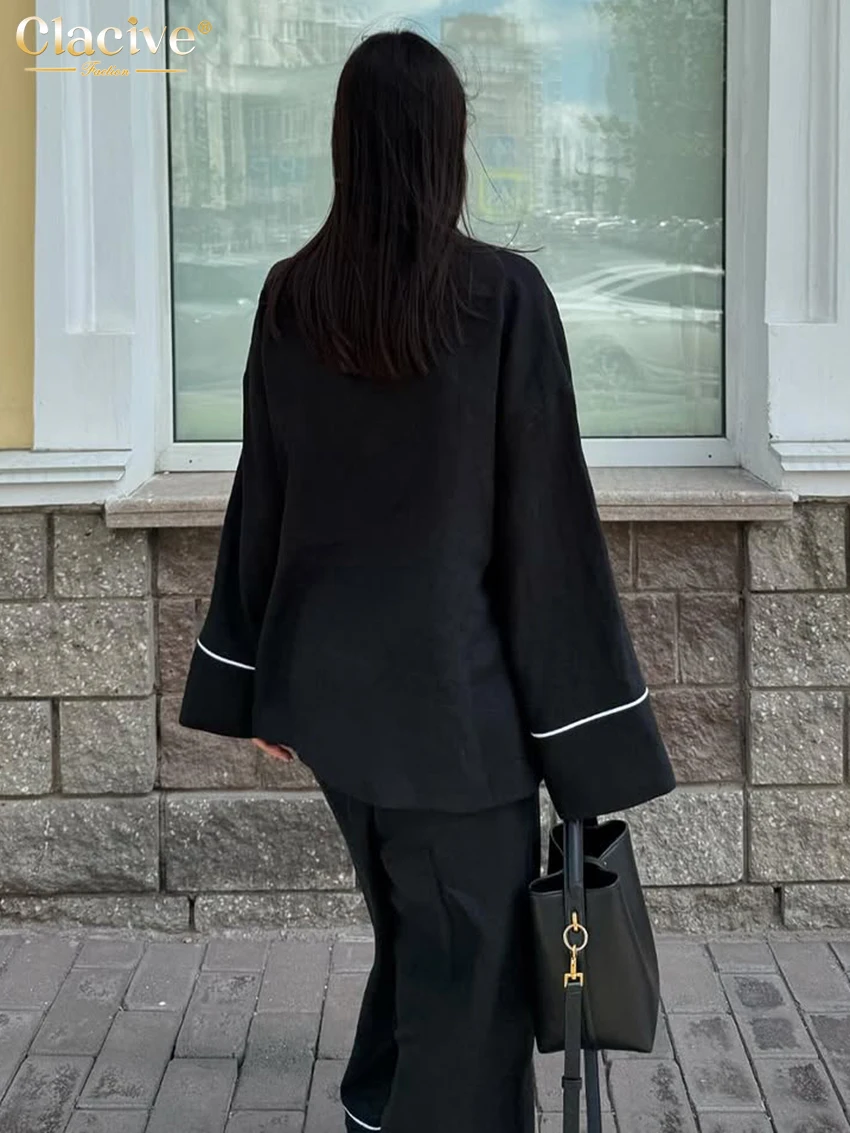Cclacive Fashion Loose Black Cotton Women's Two Pieces Set 2025 Casual Long Sleeve Shirt With High Waist Wide Pants Set Female
