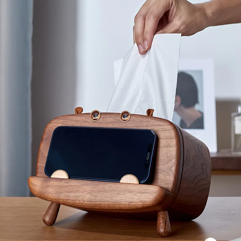 Wooden creative hippo tissue box, mobile phone holder ornament, warm home