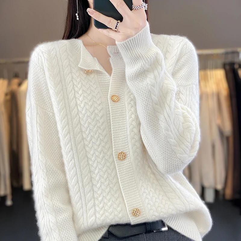 Autumn and winter 100% pure wool cardigan ladies O-neck heavy industry thickened twist solid color knitted cashmere sweater coat