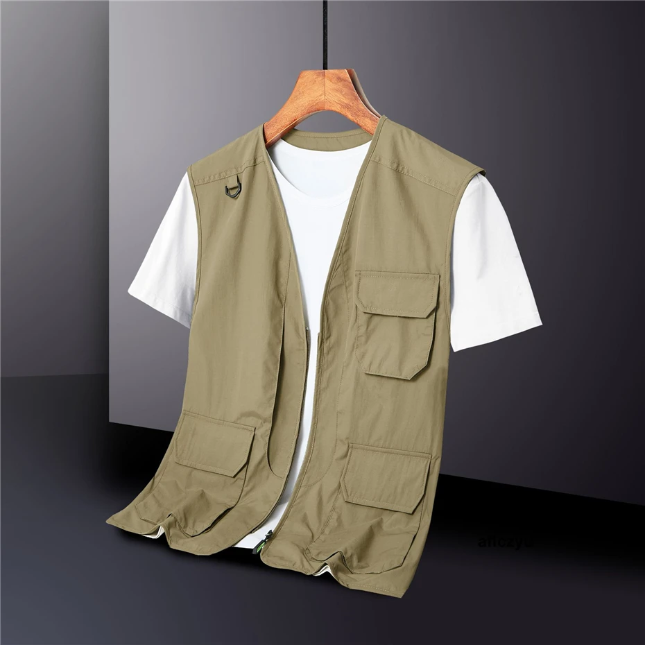 

Fishing Vest Men Cargo Vests Waterproof Sleeveless Jacket Fashion Casual Solid Color Vests Male Plus Size 5XL