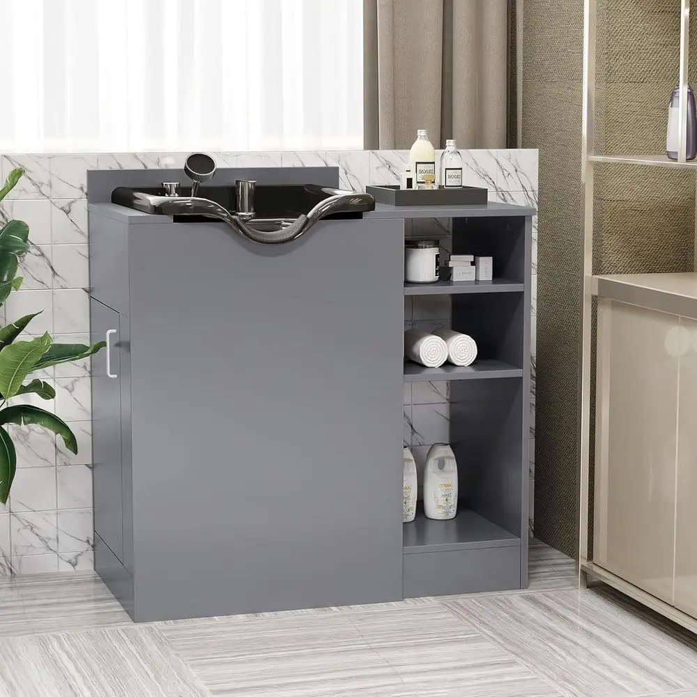 Stationary Shampoo Bowl Cabinet, Reclining Backwash Sink, Adjustable Shelf, Certified for Salons and Home Use