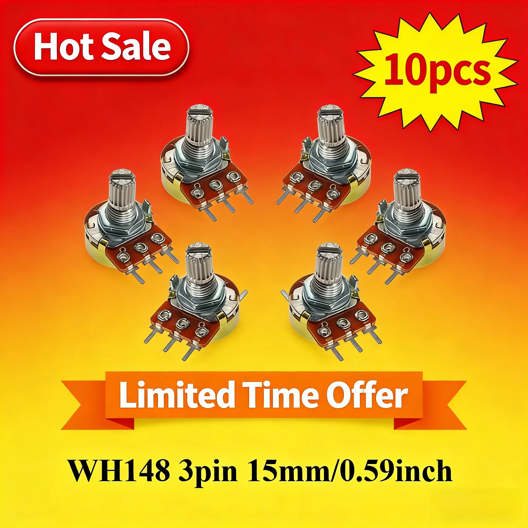 10Pcs WH148 Potentiometer Kit, A10K A50K B1K B2K B5K B10K B20K B50K B100K B250K B500K B1M Ohm, 3-Pin 15mm Shaft, Variable Resist